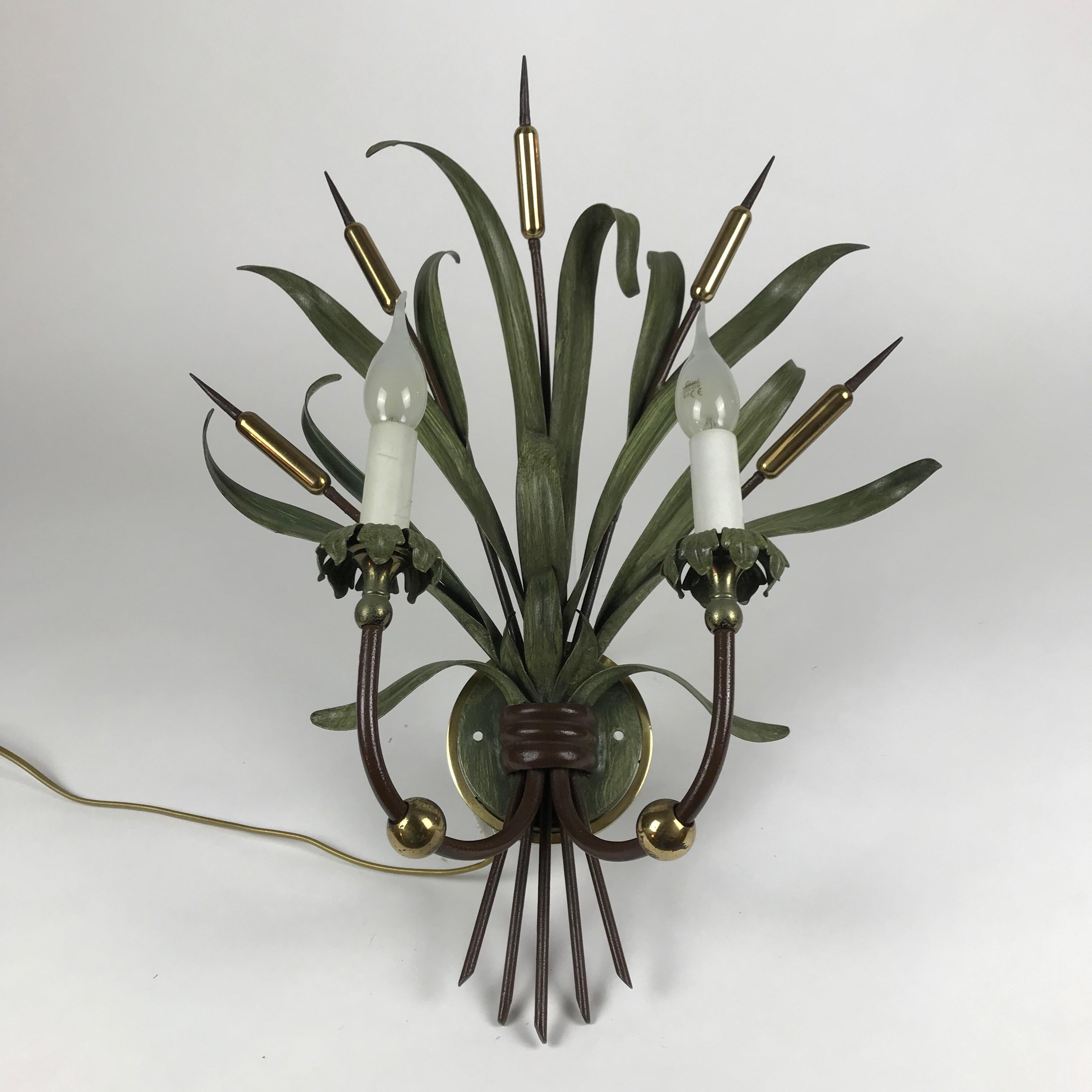 Brass Pair of Italian Sconces by Banci Firenze 1980 circa with Green Reed Bunches 