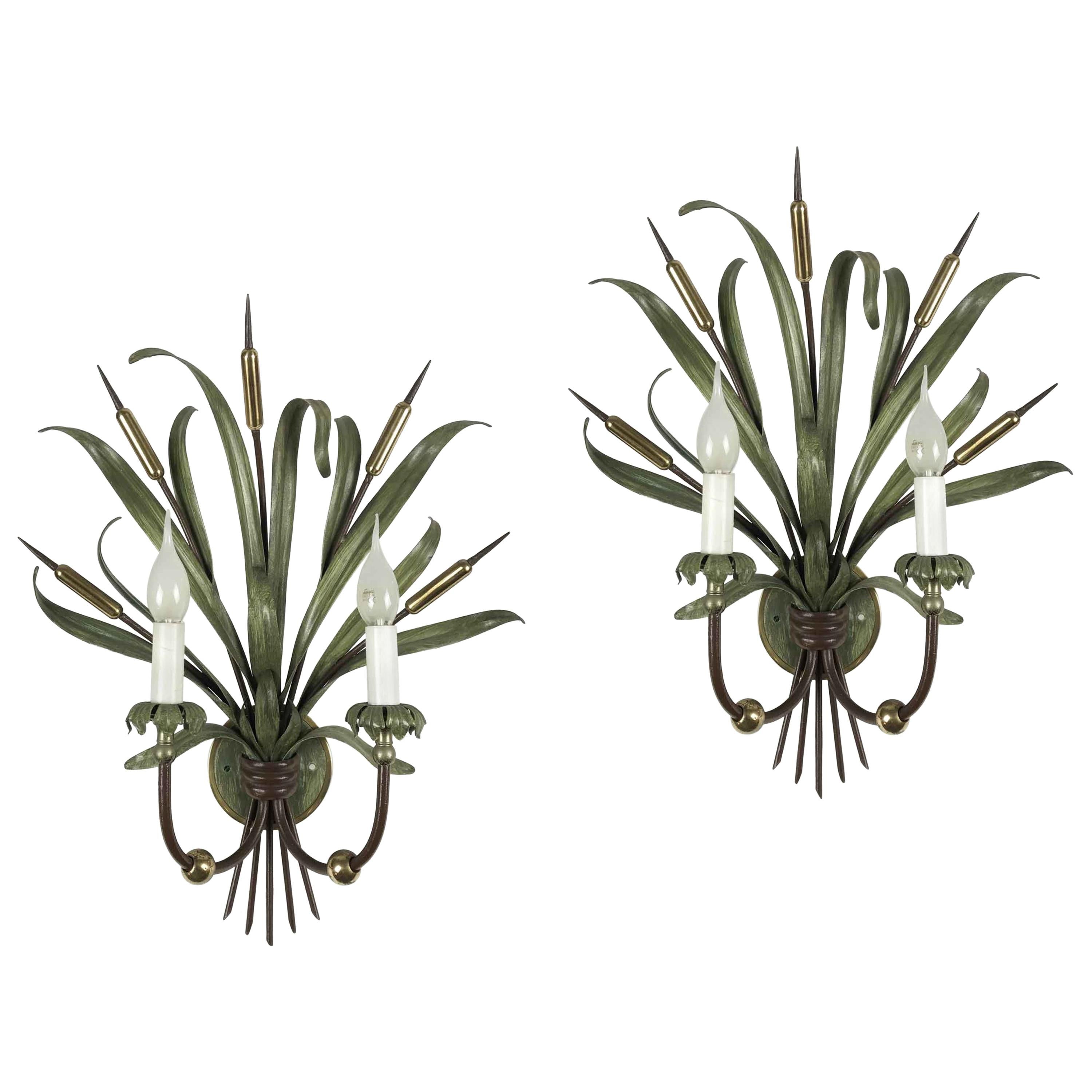 Pair of Italian Sconces by Banci Firenze 1980 circa with Green Reed Bunches 
