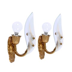 Pair of Italian Sconces in Gilded Bronze and Glass, Italy 1950s