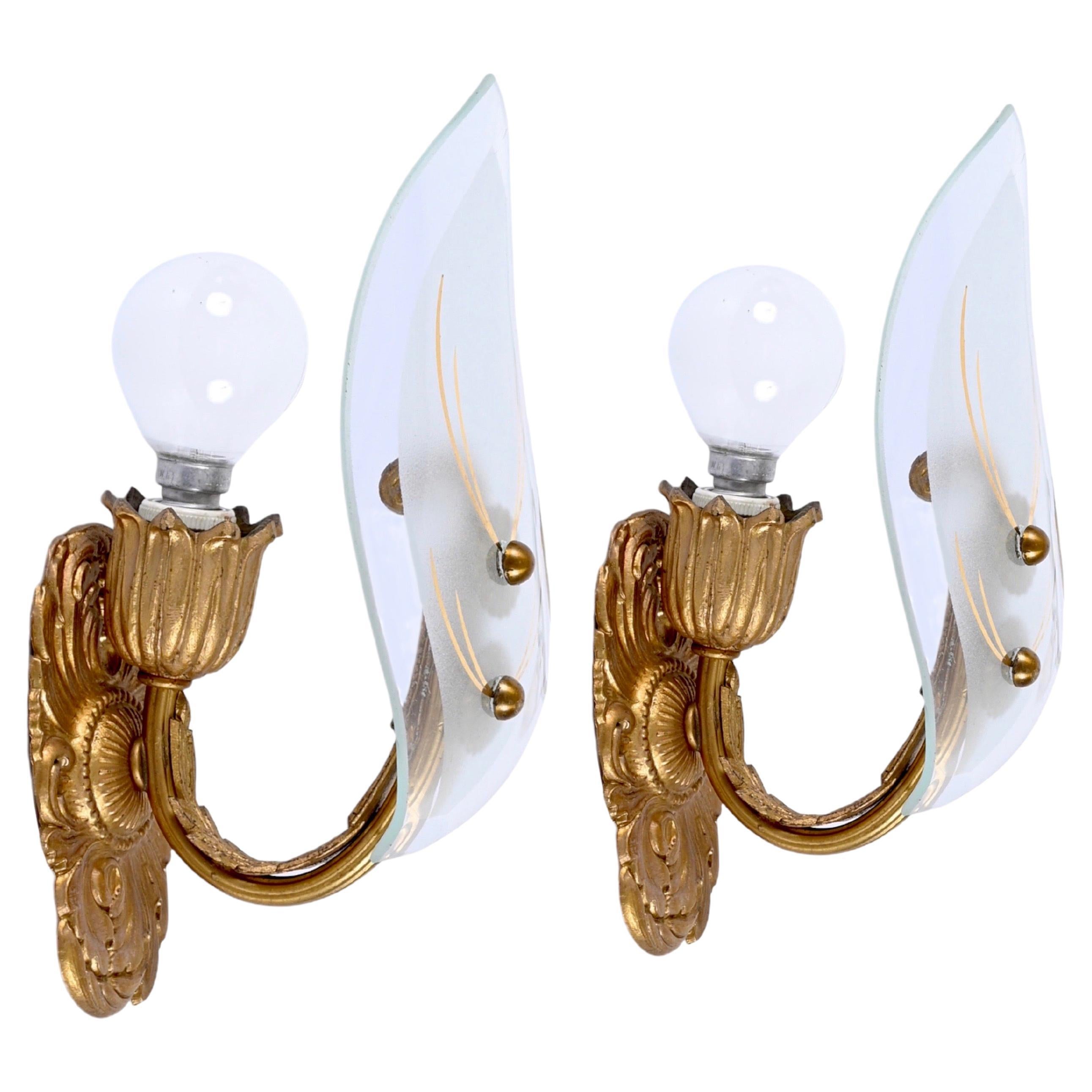 Pair of Italian Sconces in Gilded Bronze and Glass, Italy 1950s For Sale