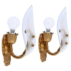 Pair of Italian Sconces in Gilded Bronze and Glass, Italy 1950s