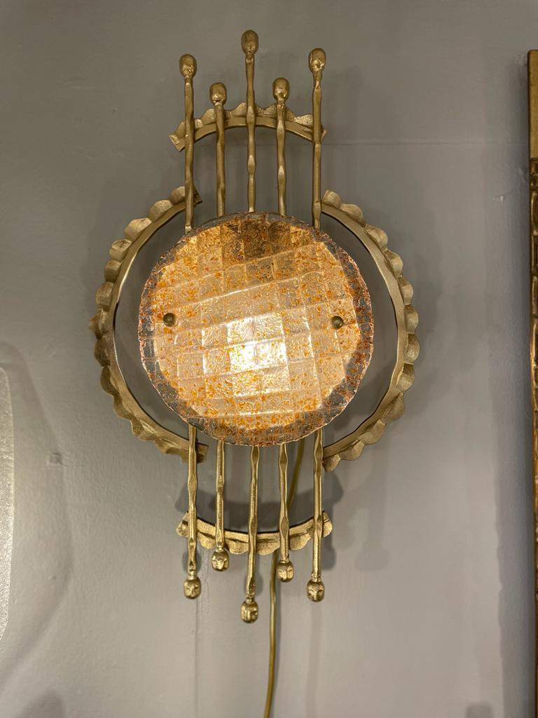 Mid-Century Modern Pair of Italian Sconces in Gilt Forged Iron and Murano Glasses, circa 1960s