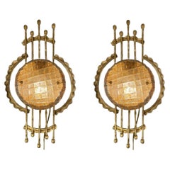 Pair of Italian Sconces in Gilt Forged Iron and Murano Glasses, circa 1960s