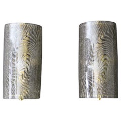 Pair of Sconces in Textured Smoked Murano Glass in Tree Bark Shape and Brass