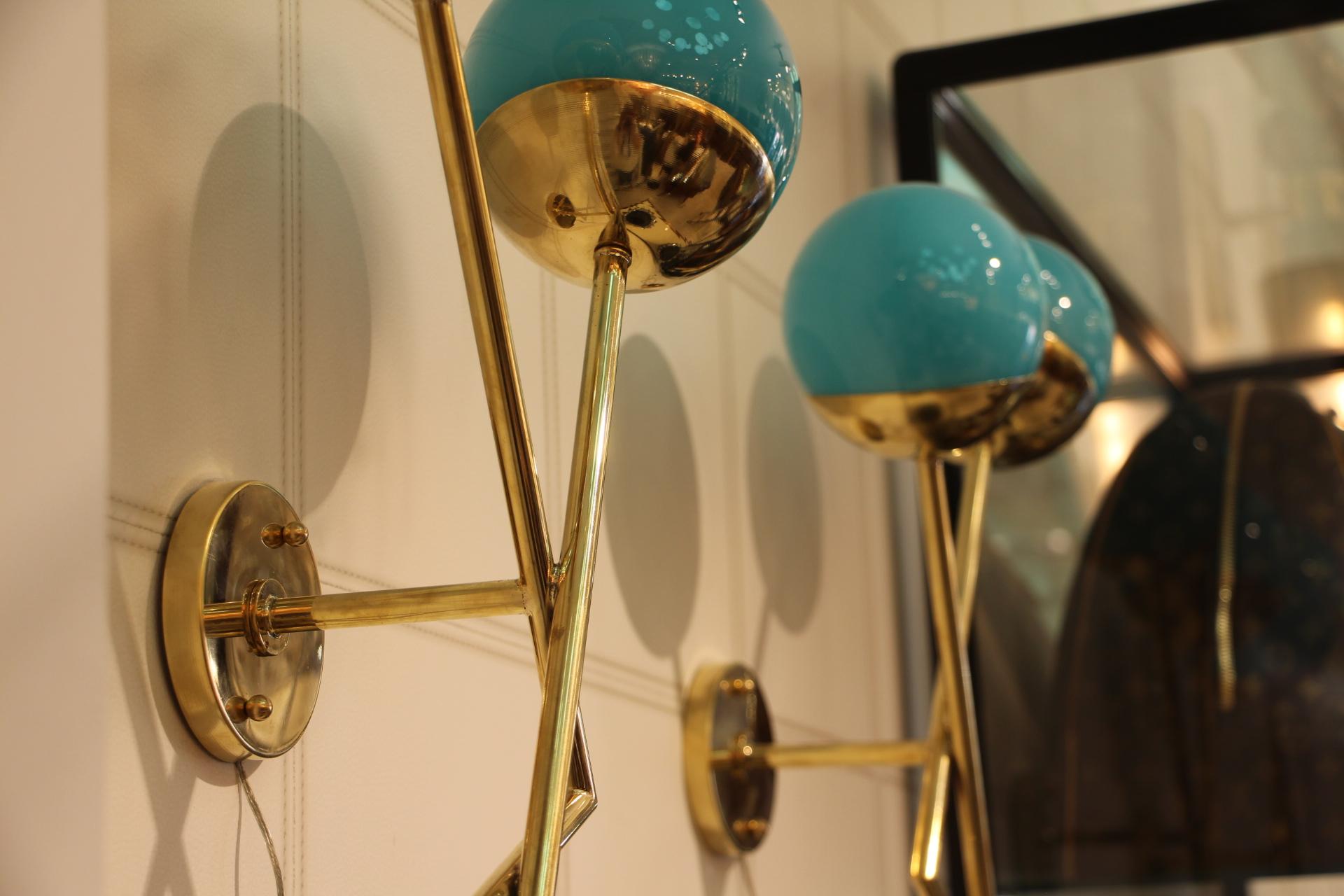 Pair of Italian Sconces in Turquoise Blue Murano Glass and Brass 5