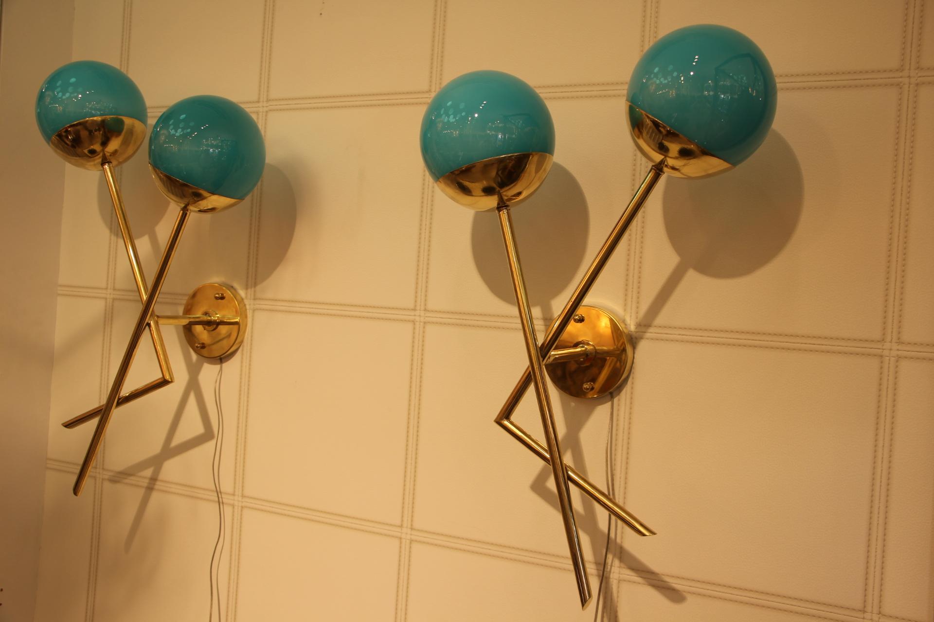 Pair of Italian Sconces in Turquoise Blue Murano Glass and Brass 6