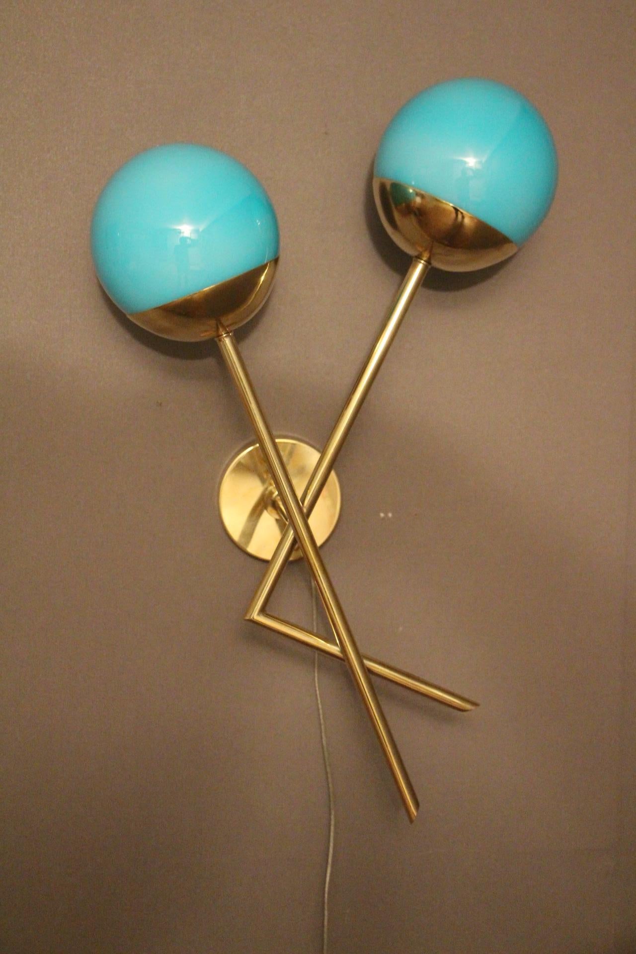 20th Century Pair of Italian Sconces in Turquoise Blue Murano Glass and Brass