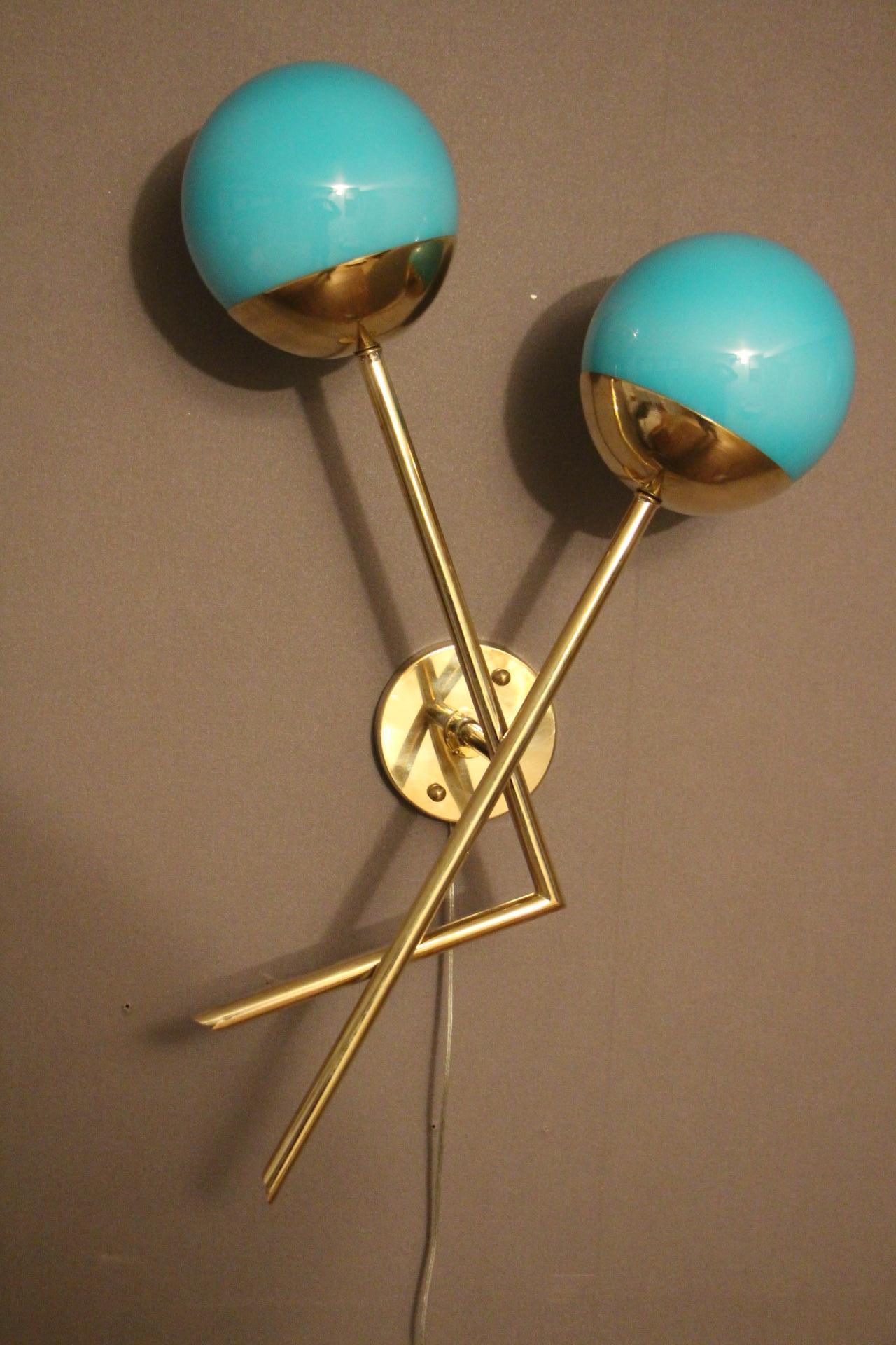 Pair of Italian Sconces in Turquoise Blue Murano Glass and Brass 1