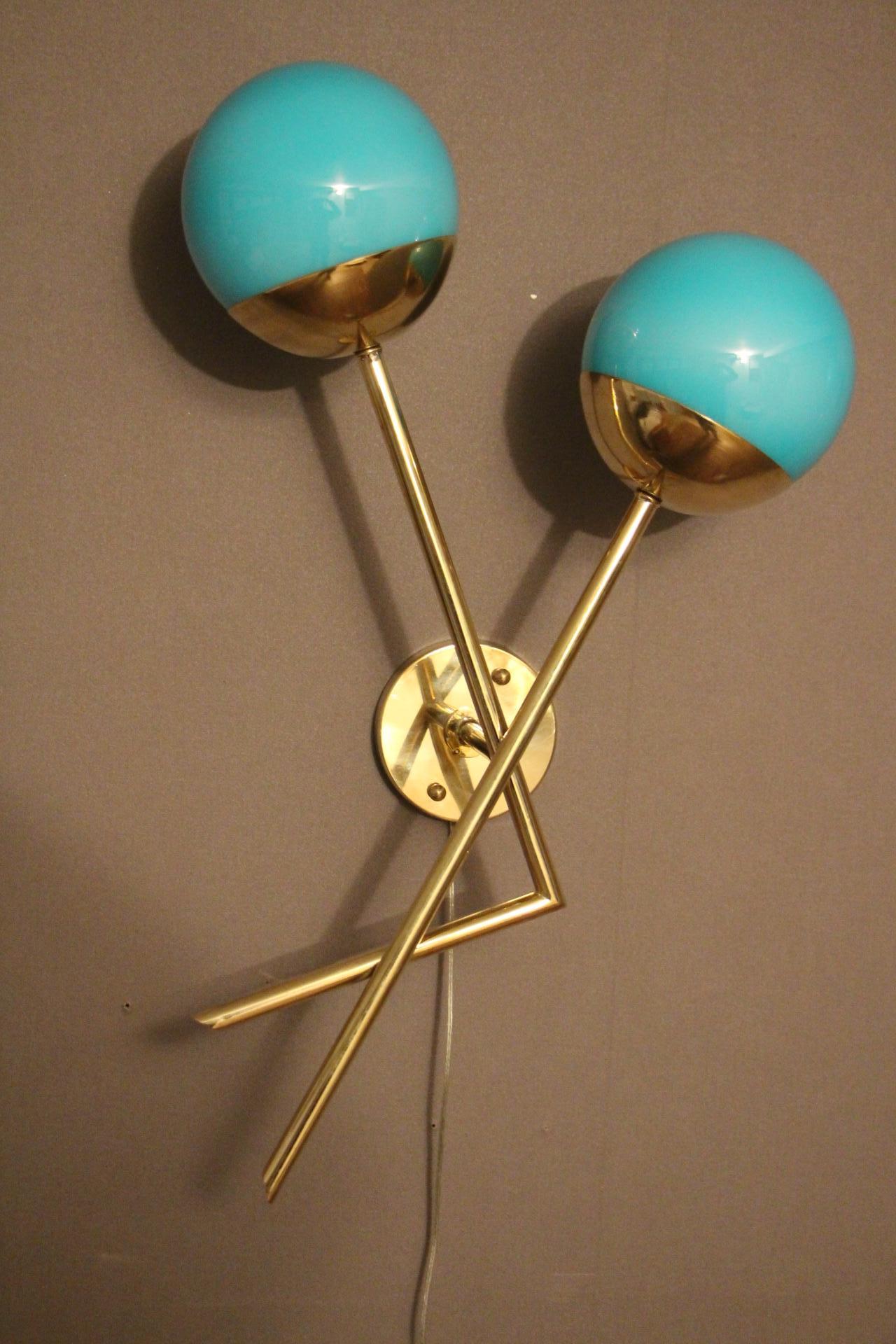 20th Century Pair of Sconces in Turquoise Blue Murano Glass and Brass, Blue Wall Lights For Sale