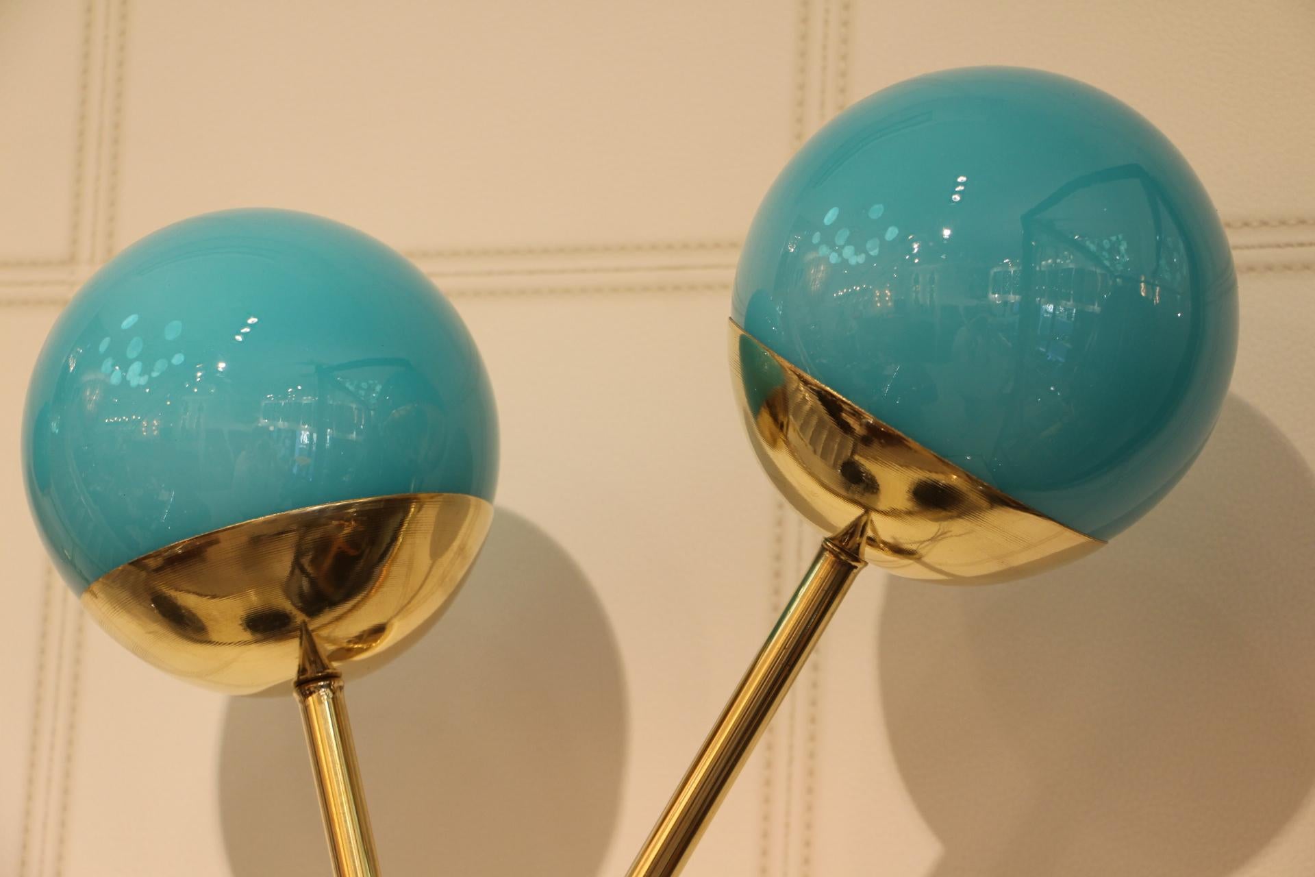 Pair of Sconces in Turquoise Blue Murano Glass and Brass, Blue Wall Lights For Sale 3
