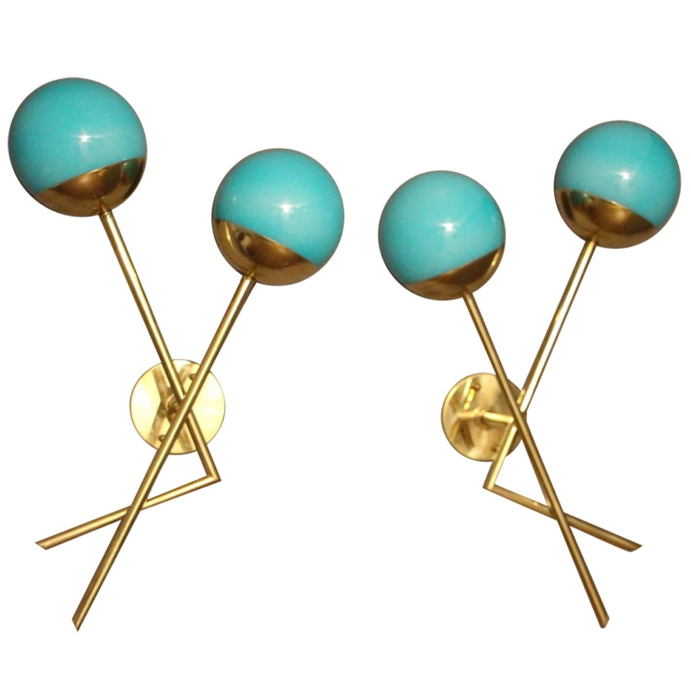 Pair of Italian Sconces in Turquoise Blue Murano Glass and Brass