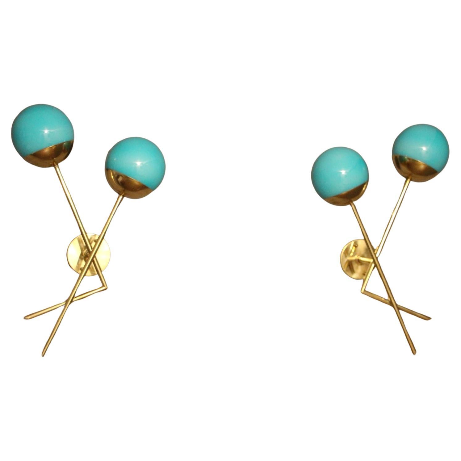 Pair of Sconces in Turquoise Blue Murano Glass and Brass, Blue Wall Lights For Sale