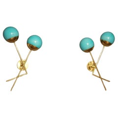 Vintage Pair of Sconces in Turquoise Blue Murano Glass and Brass, Blue Wall Lights