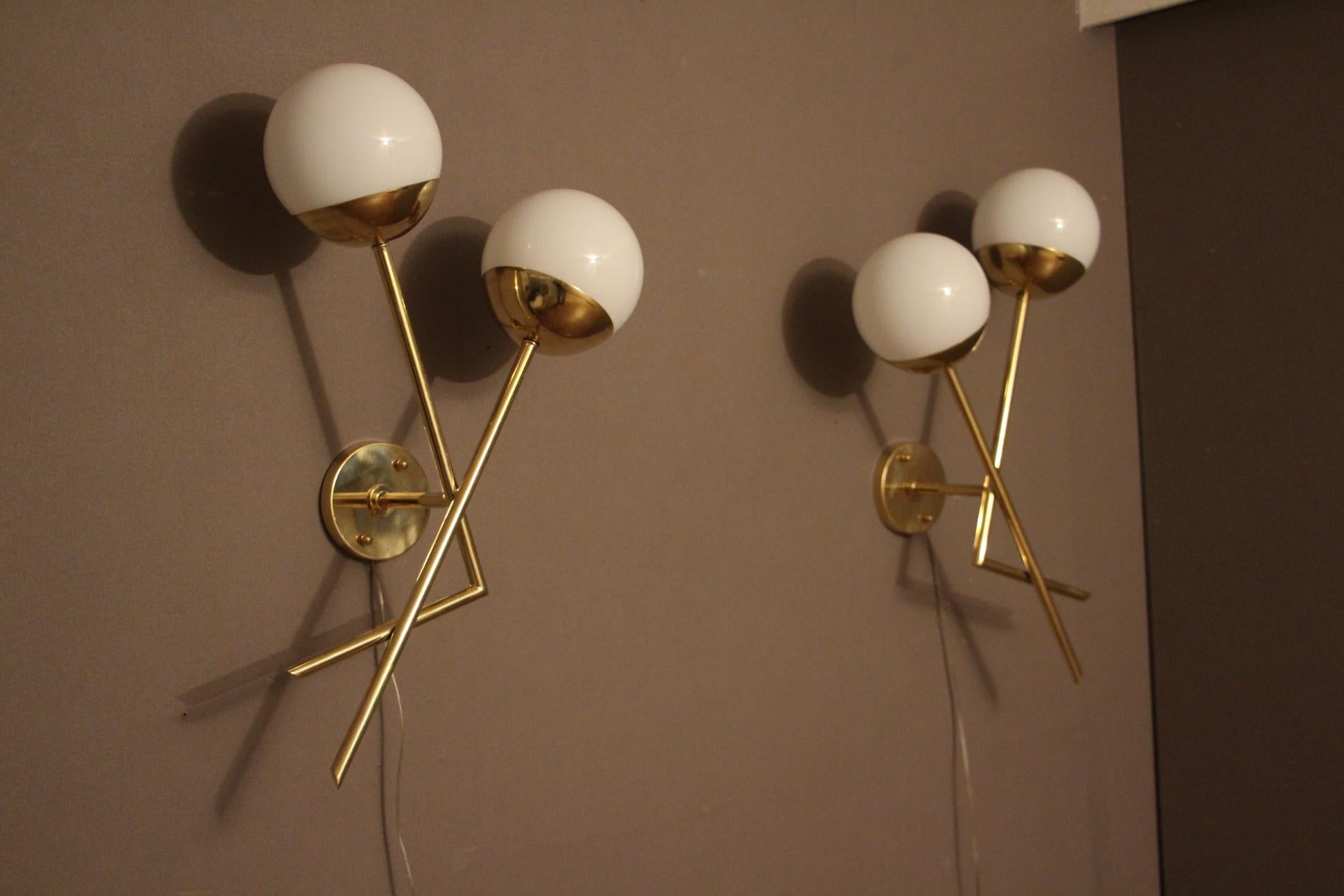Pair of Italian Sconces in White Murano Glass and Brass 4