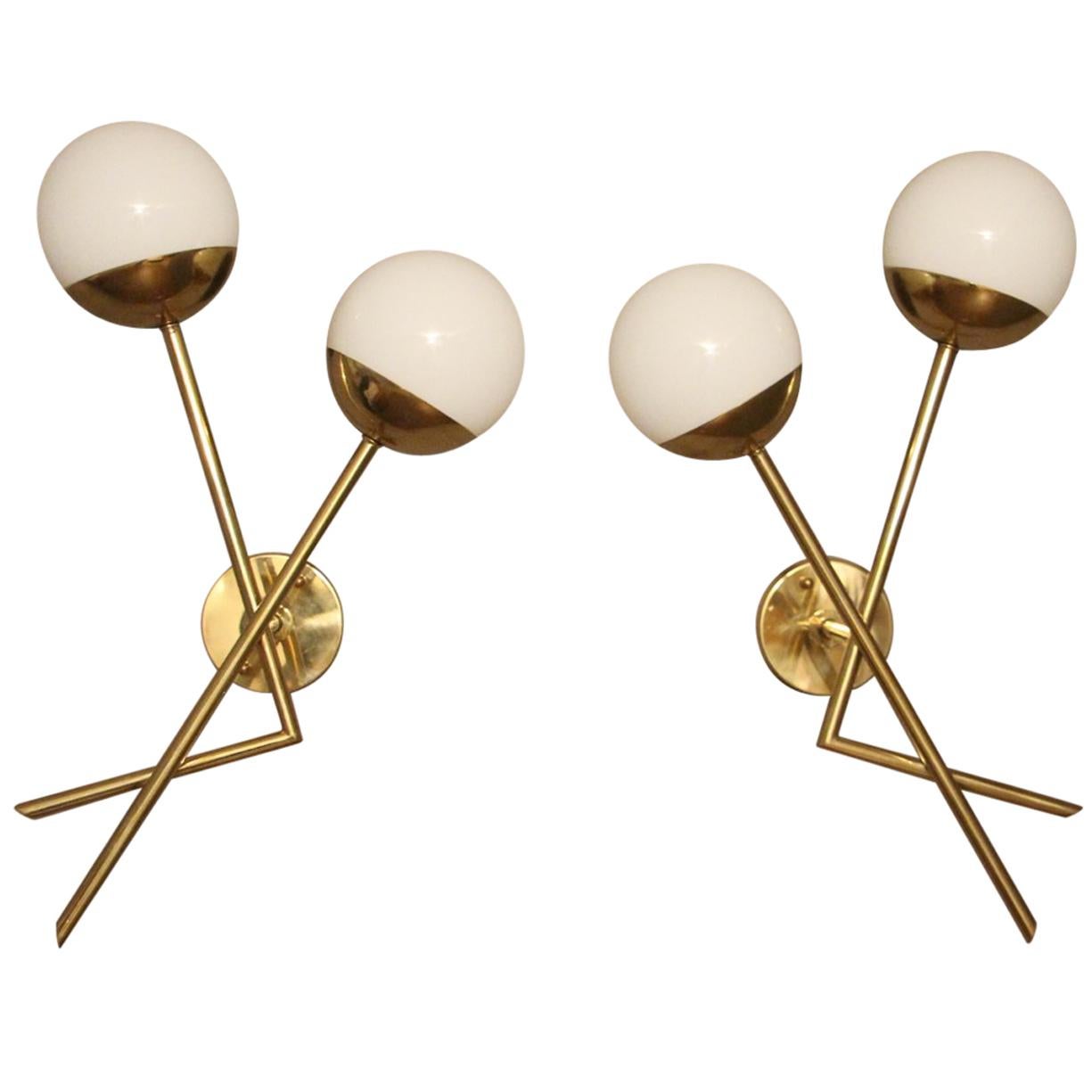 Pair of Italian Sconces in White Murano Glass and Brass