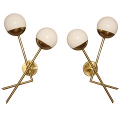 Pair of Italian Sconces in White Murano Glass and Brass