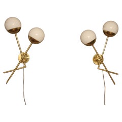 Pair of Italian Sconces in White Murano Glass and Brass , Stilnovo Style