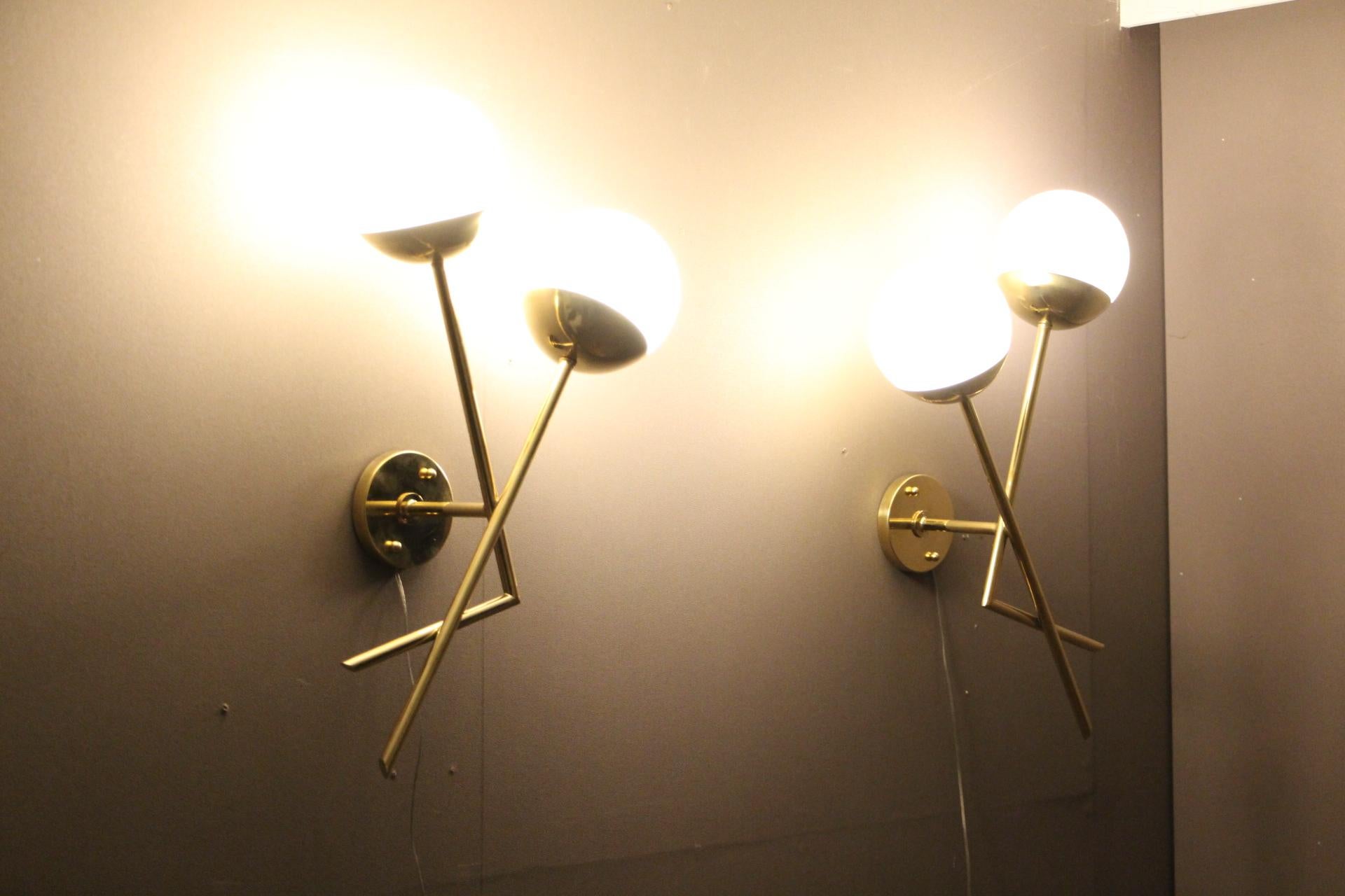 Pair of Sconces in White Murano Glass and Brass, Stilnovo Style Wall Lights For Sale 2