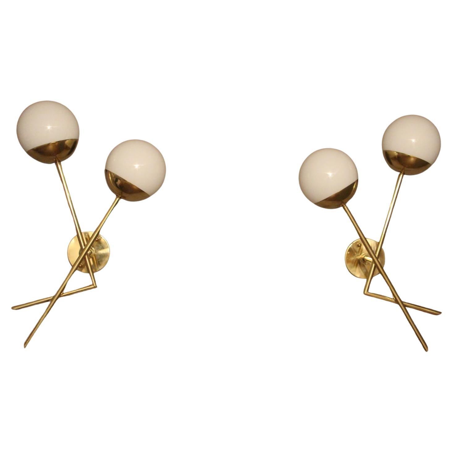 Pair of Sconces in White Murano Glass and Brass, Stilnovo Style Wall Lights For Sale