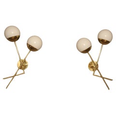Pair of Italian Sconces in White Murano Glass and Brass, Stilnovo Style