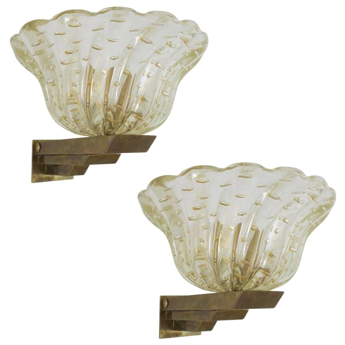 Pair of Italian Sconces w/ Murano Glass Designed by Barovier e Toso, 1930s