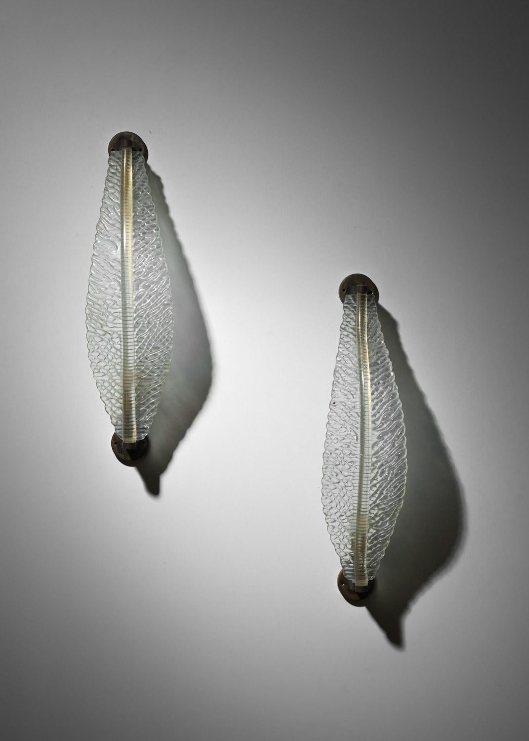 Paire d'appliques italiennes Seguso en verre de Murano, années 1940, feuilles en vente 4