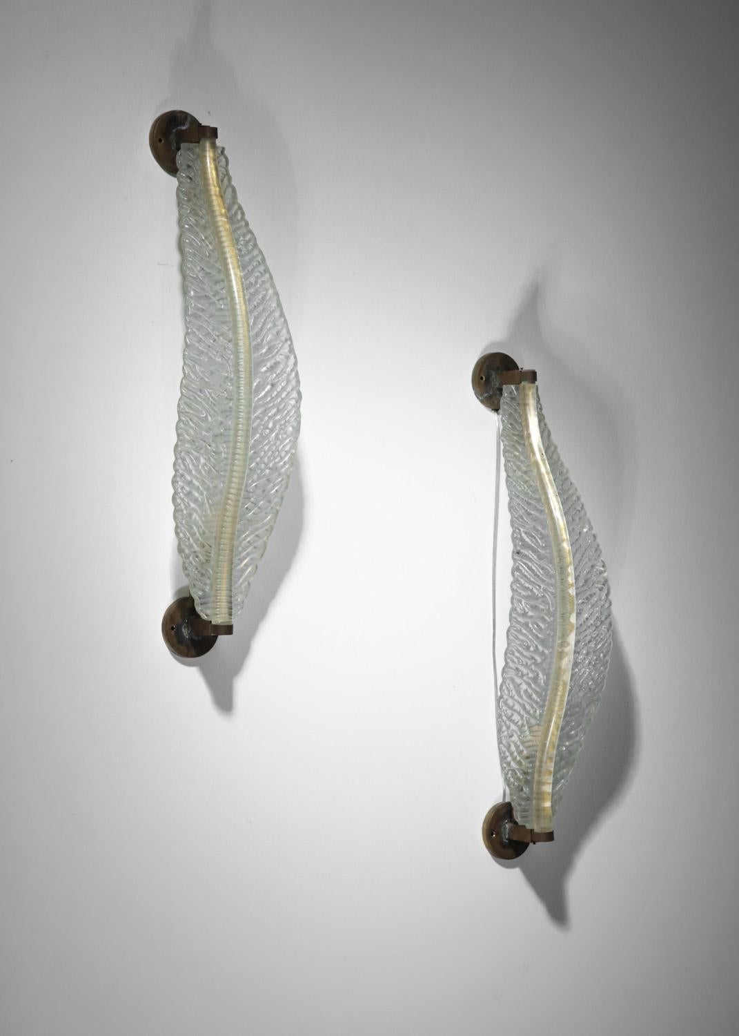 Paire d'appliques italiennes Seguso en verre de Murano, années 1940, feuilles en vente 6