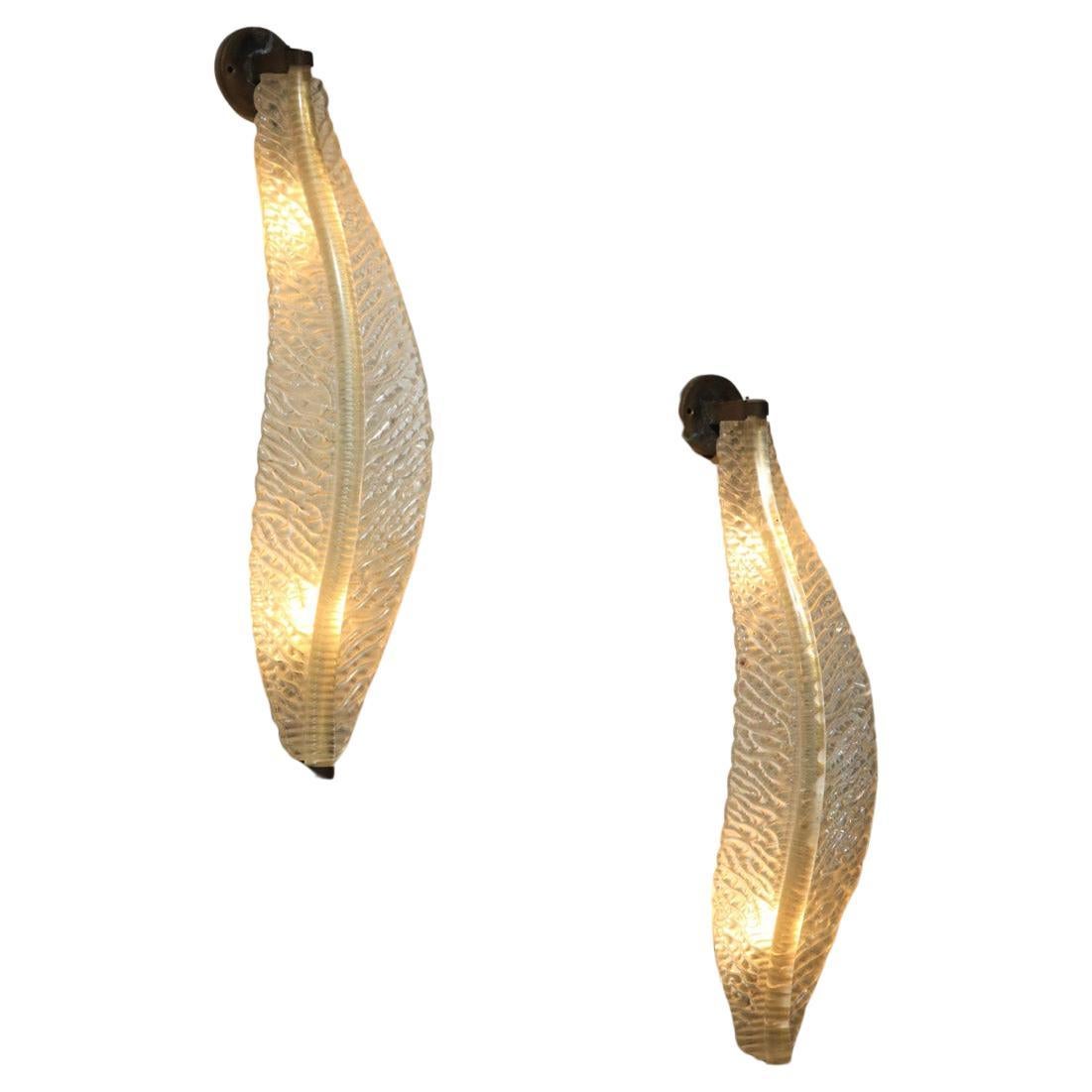 Paire d'appliques italiennes Seguso en verre de Murano, années 1940, feuilles en vente