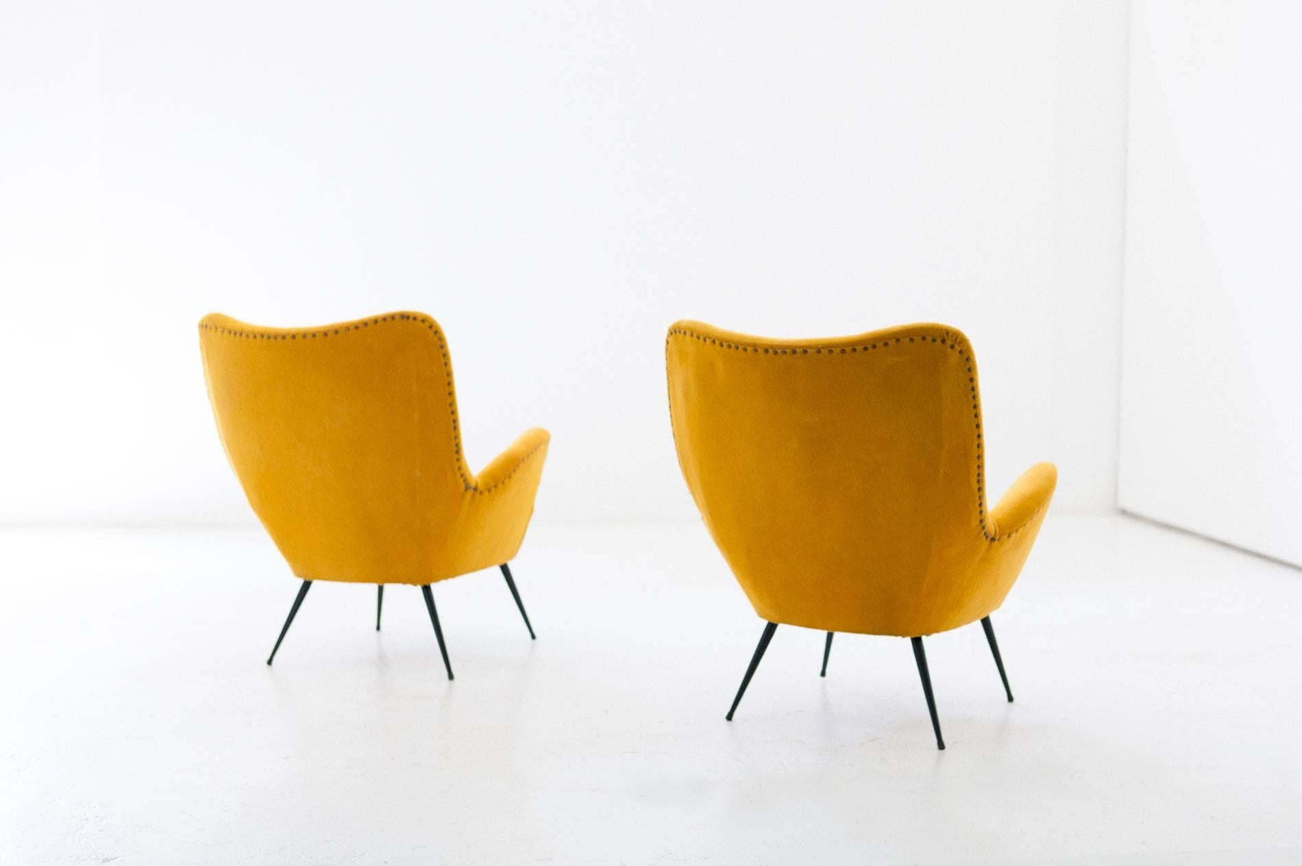 Iron Pair of Italian Senape Yellow Armchairs, 1950s