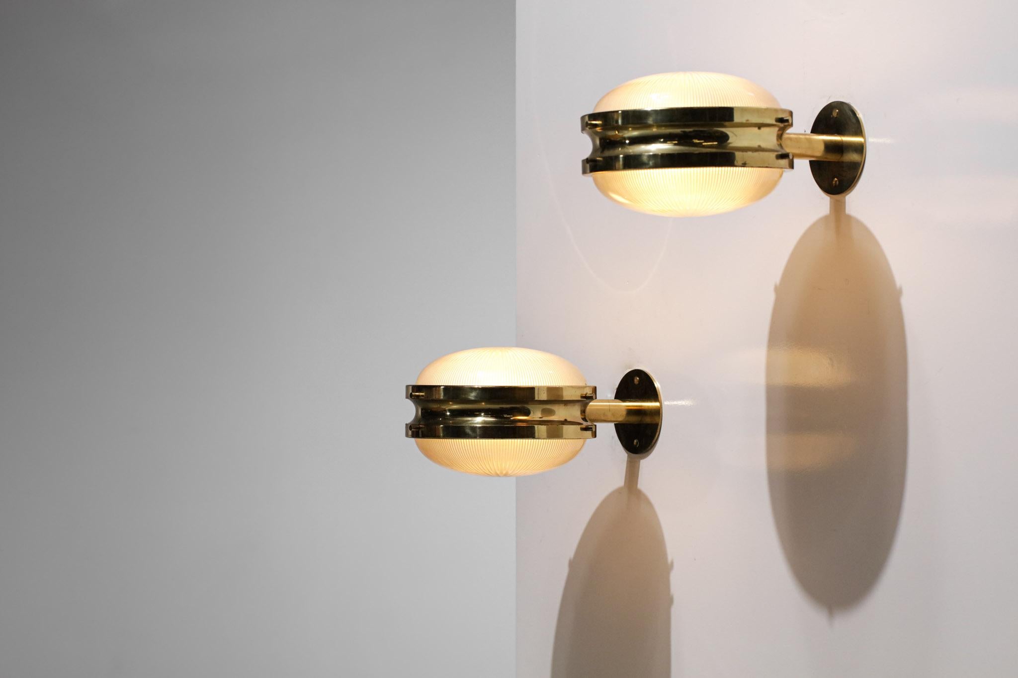 Pair of Italian Sergio Mazza Sconces Frosted Glass and Brass Wall Light, G148 5