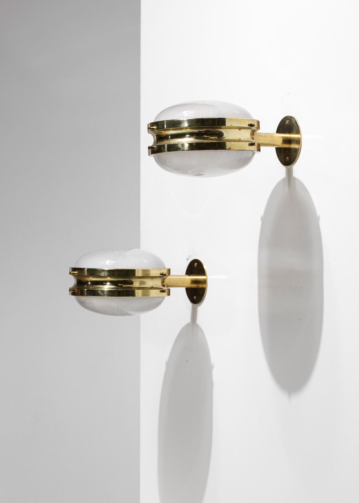 Pair of Italian Sergio Mazza Sconces Frosted Glass and Brass Wall Light, G148 6