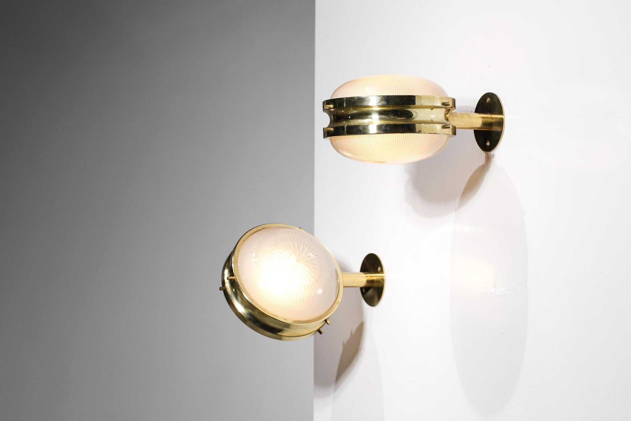 Mid-Century Modern Pair of Italian Sergio Mazza Sconces Frosted Glass and Brass Wall Light, G148