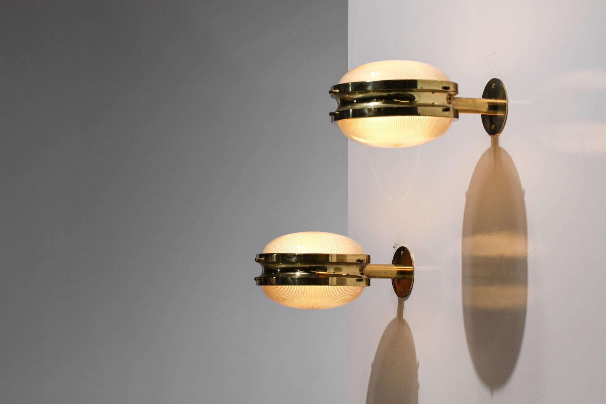 Pair of Italian Sergio Mazza Sconces Frosted Glass and Brass Wall Light, G148 3