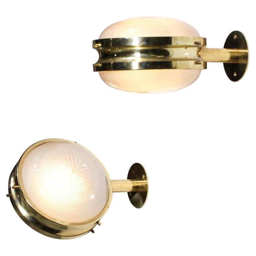 Pair of Italian Sergio Mazza Sconces Frosted Glass and Brass Wall Light, G148