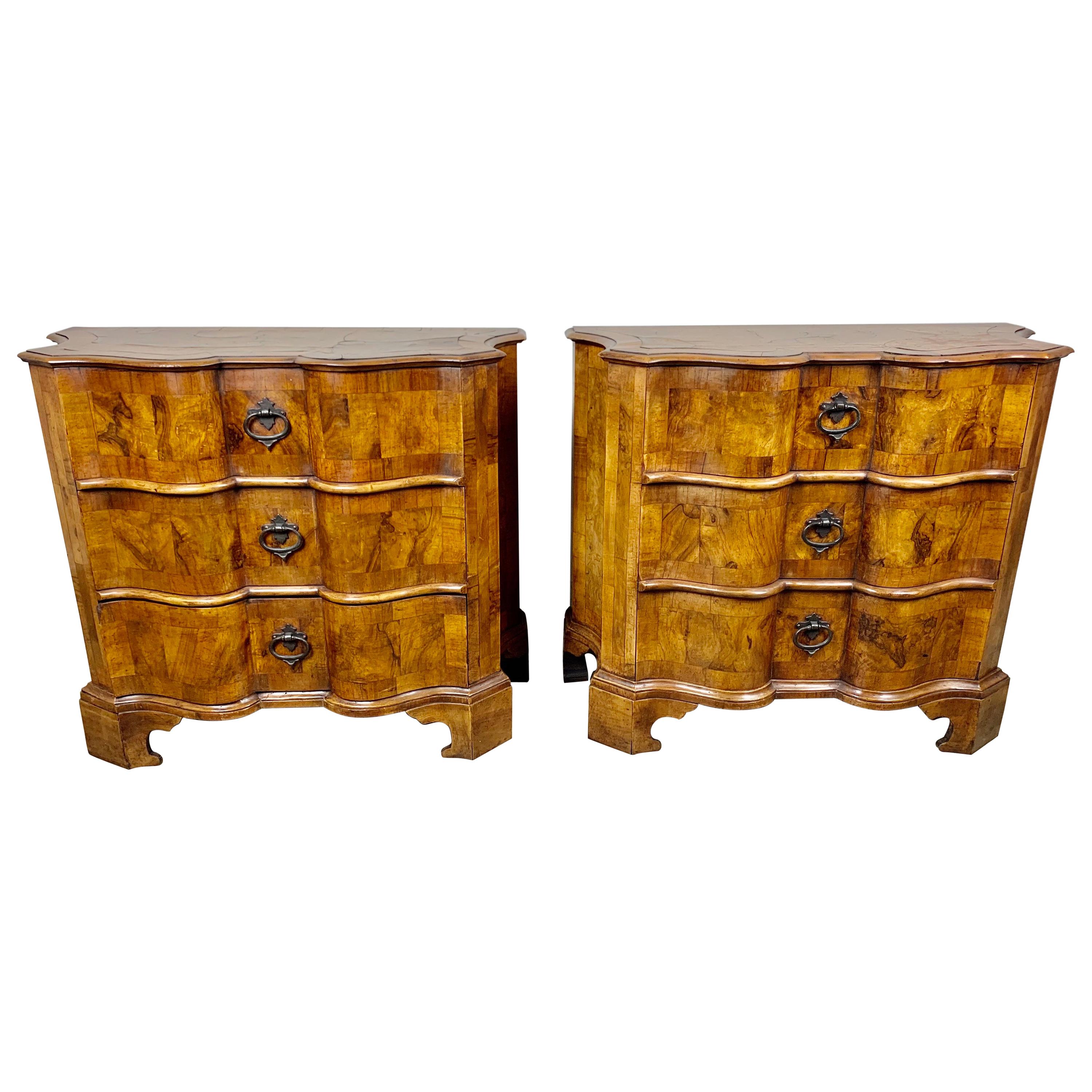 Pair of Italian Serpentine Shaped Burl Walnut Commodes, C. 1930's