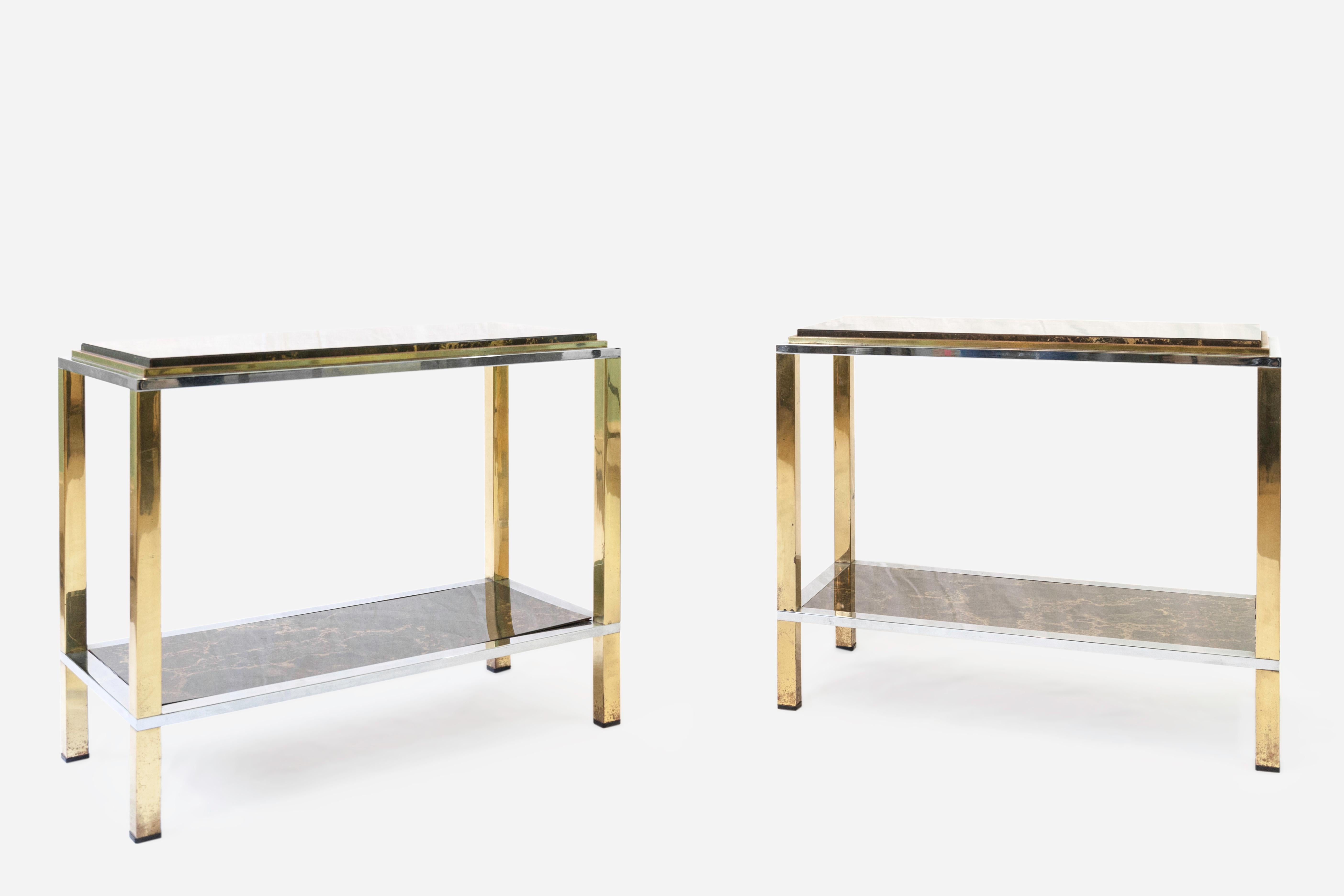 Pair of Italian side tables, circa 1970, steel Brass Marble-like Plastic en vente 2