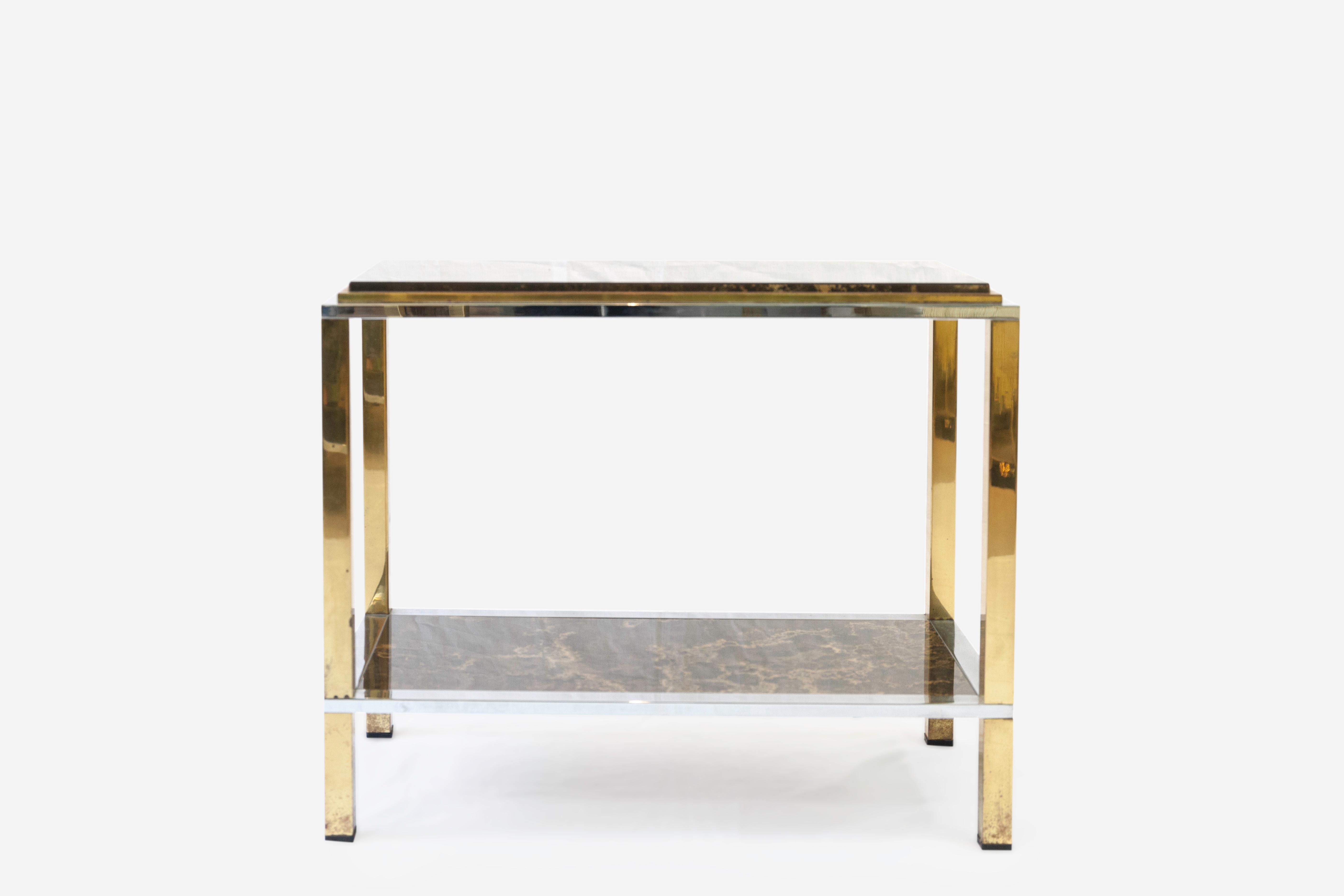 Pair of Italian side tables, circa 1970, steel Brass Marble-like Plastic en vente 3