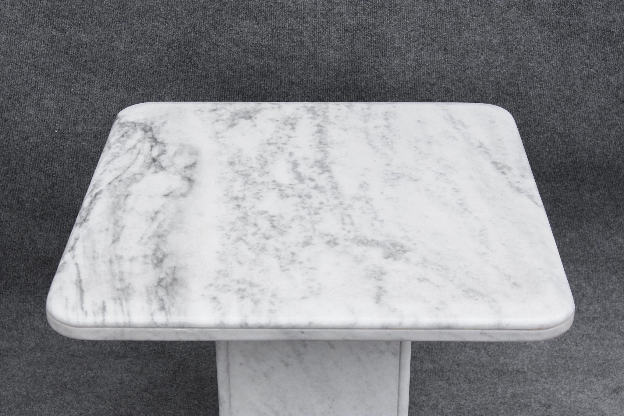 Made in Italy around the 1970s, these tables feature thick marble construction with exciting graining. While tough to say what marble it is, it reminds us of a cross between thassos and arabescato, two of the most popular types. Care was also taken