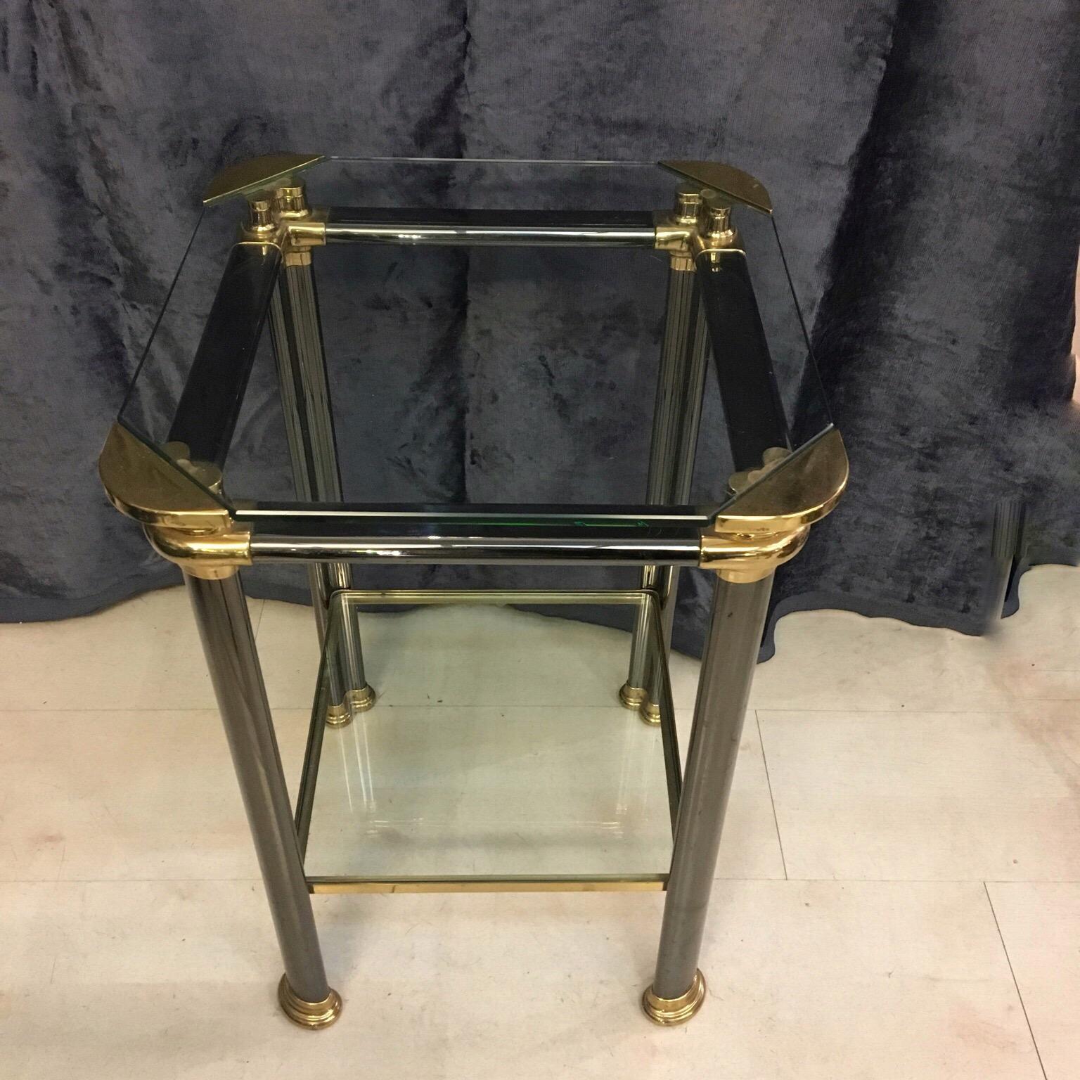 Late 20th Century Pair of Italian Side Tables with Anthracite Metal and Brass Structure, 1970s