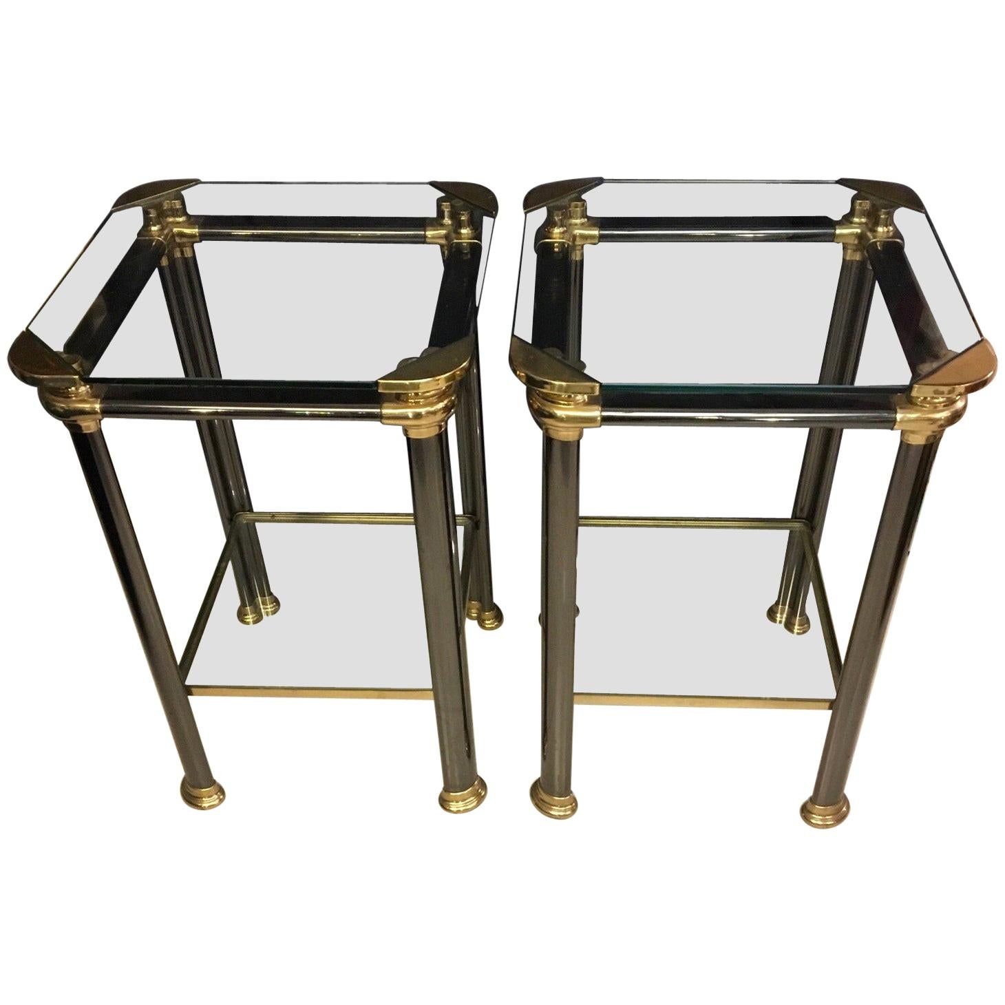 Pair of Italian Side Tables with Anthracite Metal and Brass Structure, 1970s