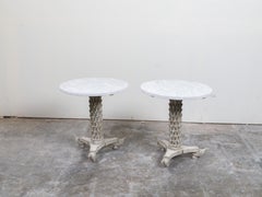 Pair of Italian Side Tables with White Marble Tops and Carved Palm Tree Bases