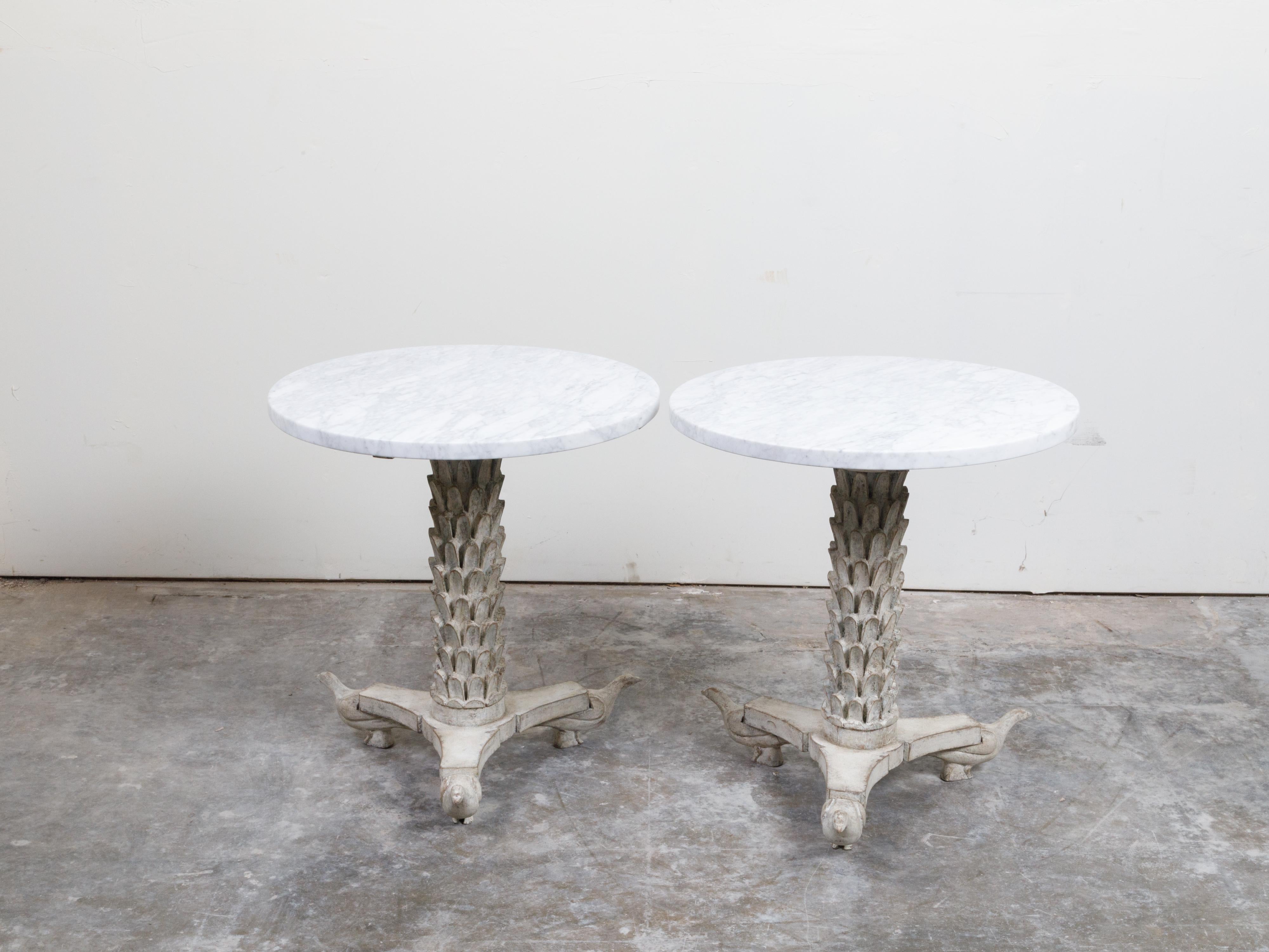 Pair of Italian Side Tables with White Marble Tops and Carved Palm Tree Bases For Sale 3