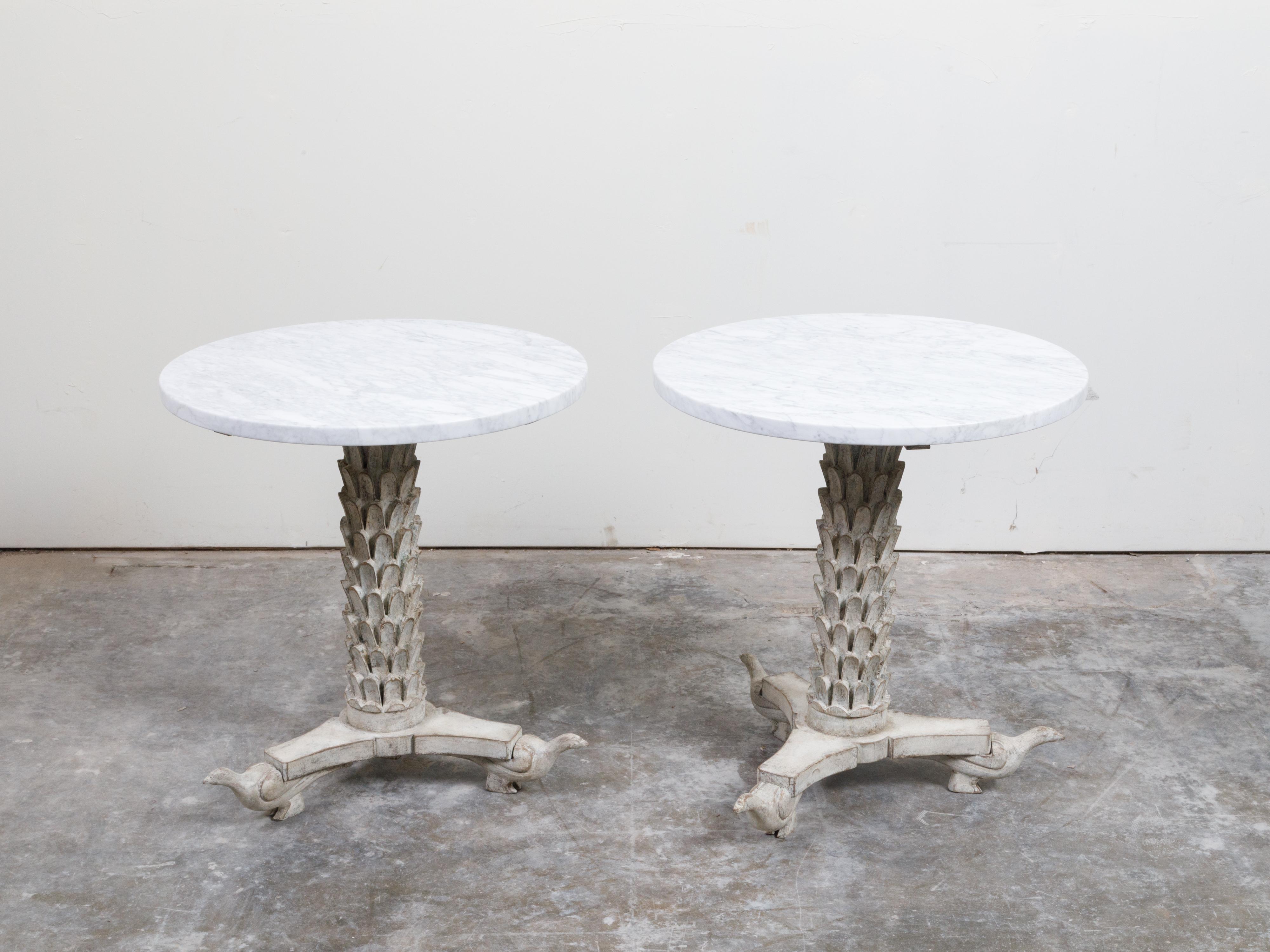Pair of Italian Side Tables with White Marble Tops and Carved Palm Tree Bases For Sale 4