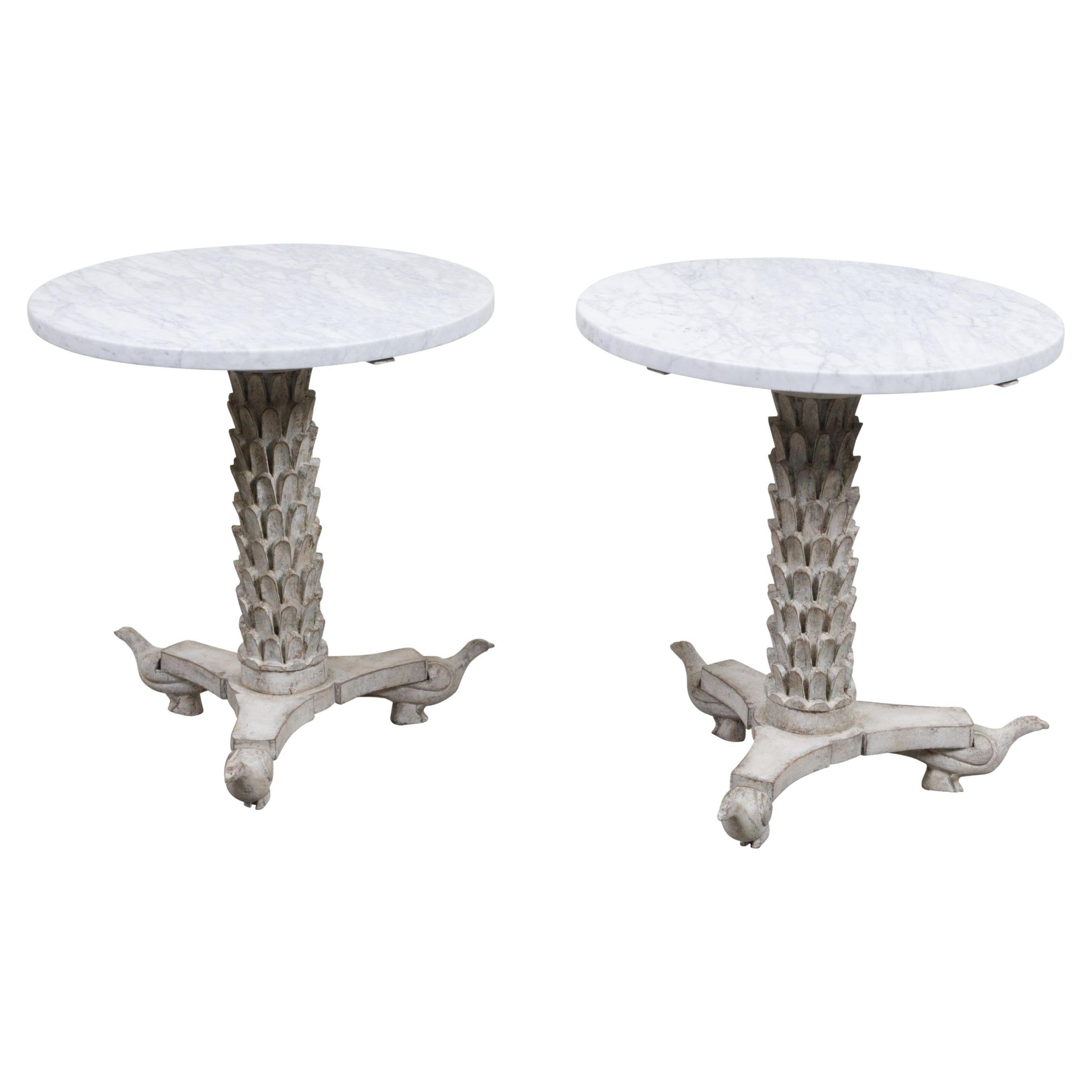 Pair of Italian Side Tables with White Marble Tops and Carved Palm Tree Bases