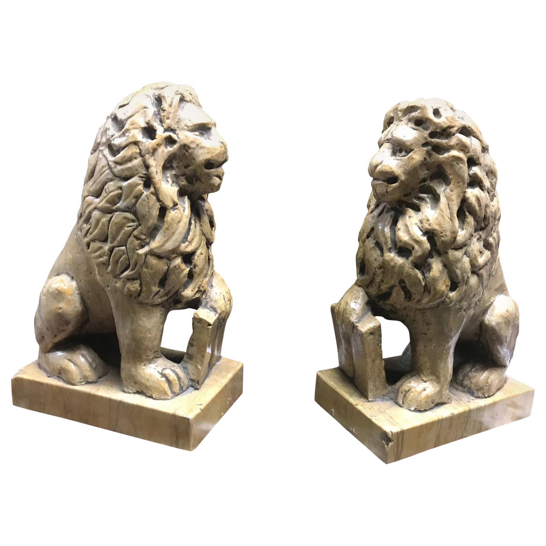 Pair of Italian Sienna Marble Lions, 19th Century