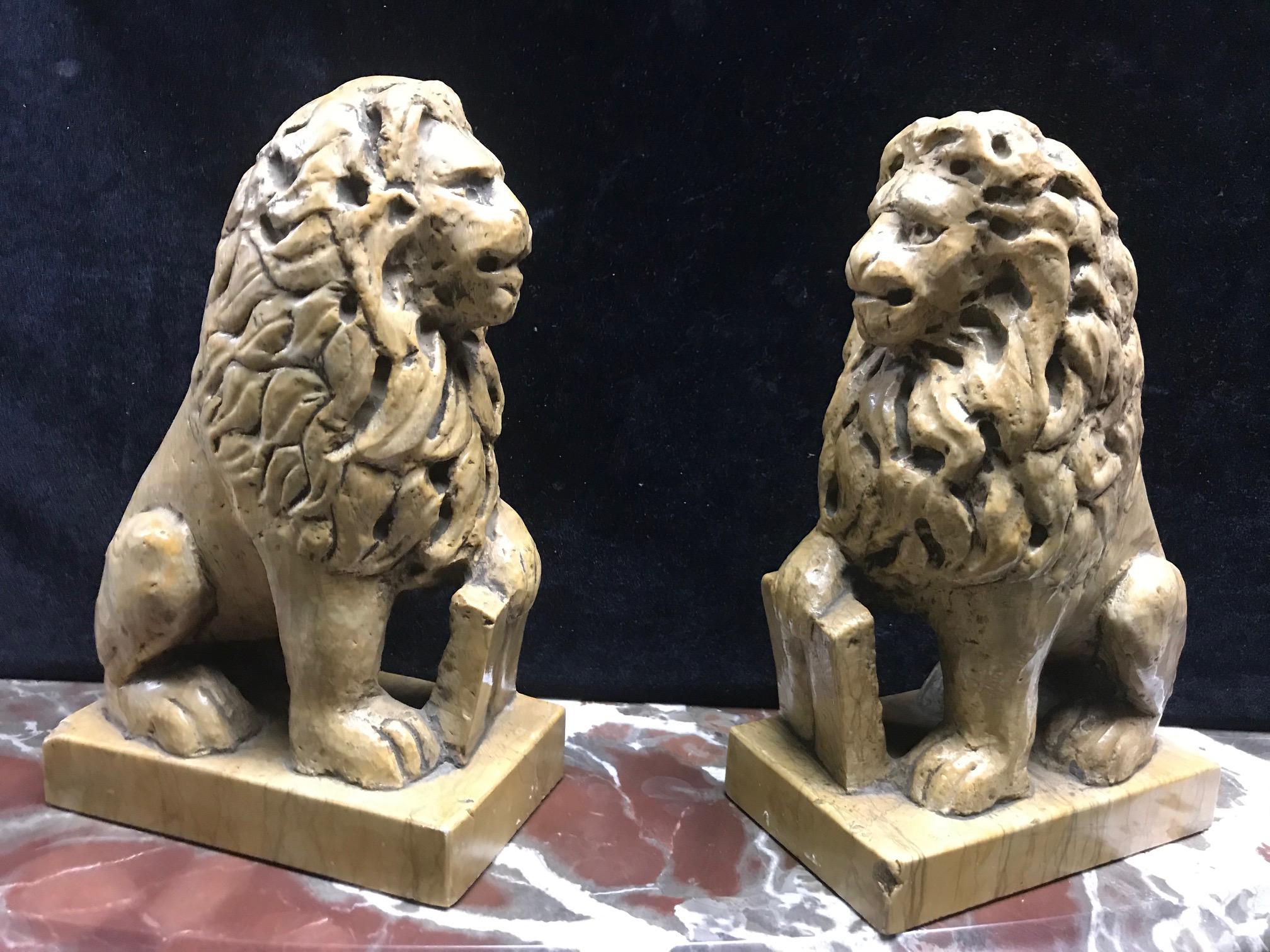 Hand-Carved Pair of Italian Sienna Marble Lions, 19th Century