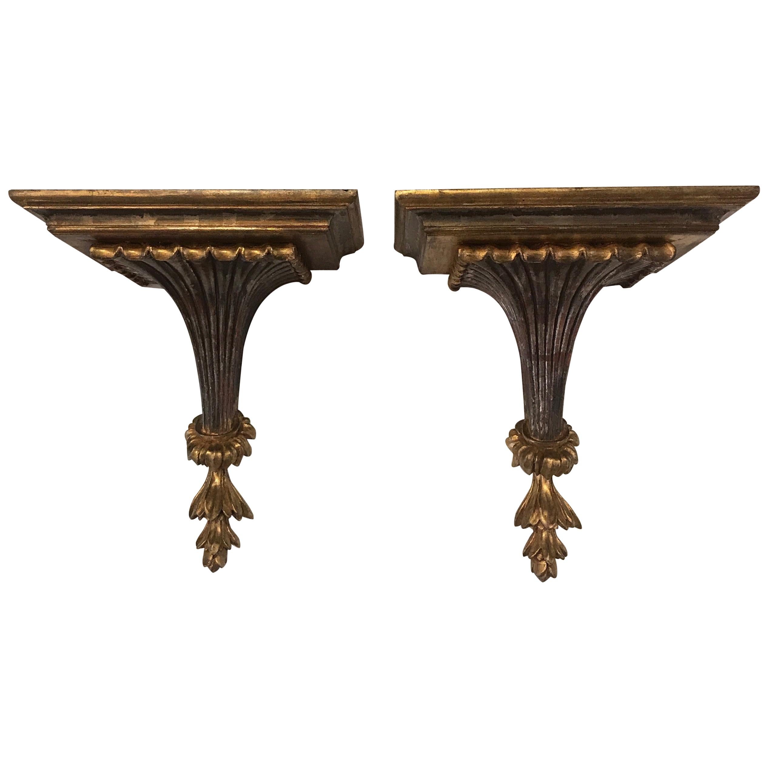 Pair of Italian Silver and Gold Giltwood Shelves