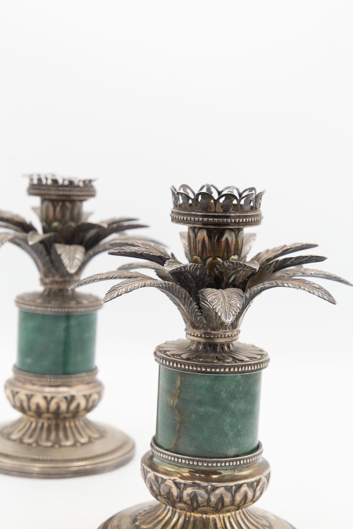 Pair of Italian Silver and Green Alpi Marble Candelabra, Marked 6