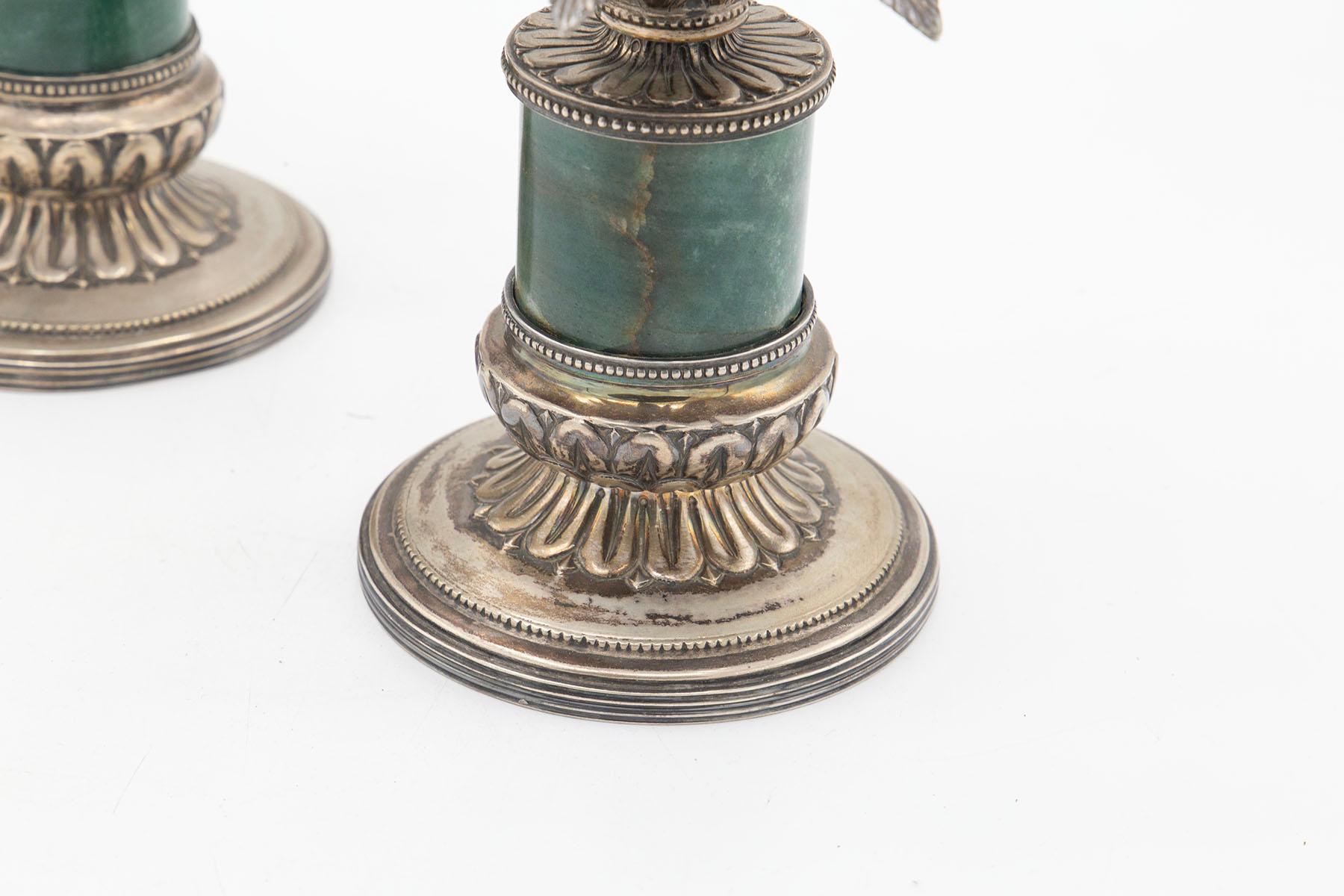 Pair of Italian Silver and Green Alpi Marble Candelabra, Marked In Good Condition In Milano, IT