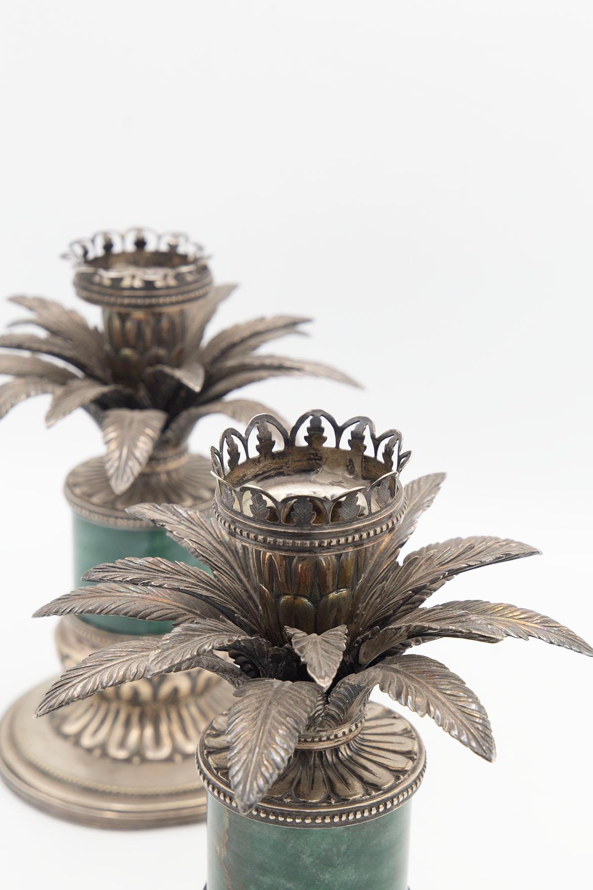 Mid-20th Century Pair of Italian Silver and Green Alpi Marble Candelabra, Marked